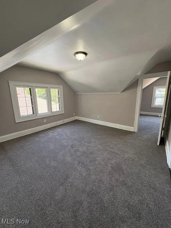 Additional living space featuring vaulted ceiling and dark carpet