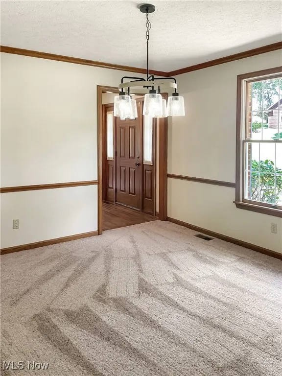 Unfurnished dining area with crown molding, carpet floors, and a textured ceiling