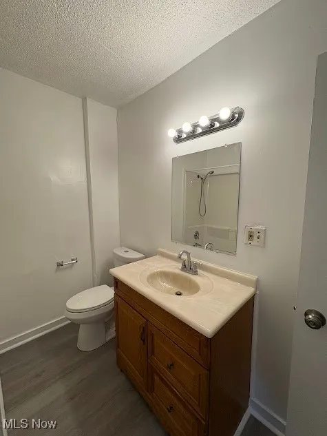 Bathroom with vanity, dark wood finished floors, a textured ceiling, and a shower