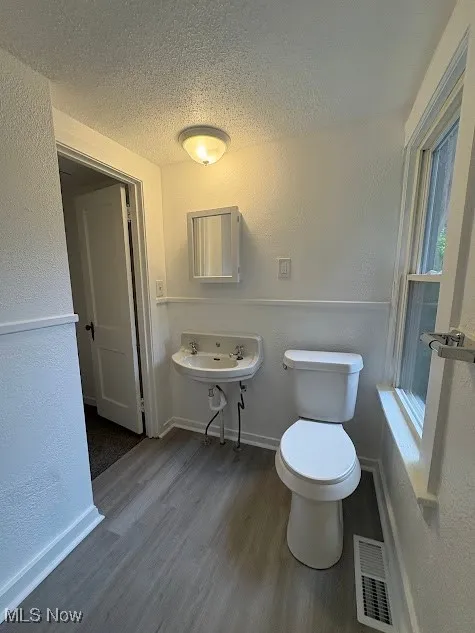 Bathroom with a textured wall, wood finished floors, and a textured ceiling