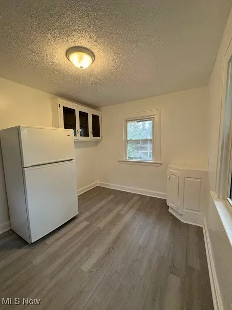 Spare room with a textured ceiling and dark wood-style floors