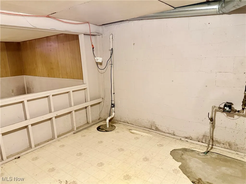 Unfinished basement featuring light flooring and concrete block wall