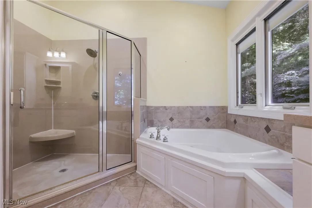 Bathroom with jacuzzi tub and separate shower w seat