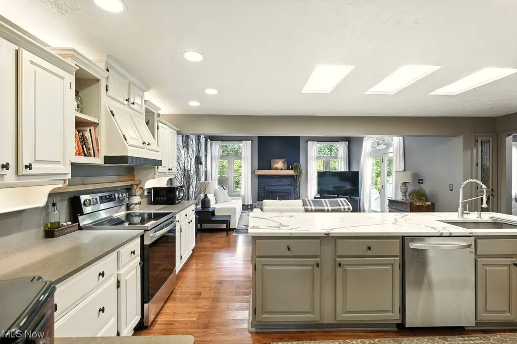 Kitchen with stainless steel appliances, gray cabinetry, open floor plan, light wood-style floors, and a fireplace