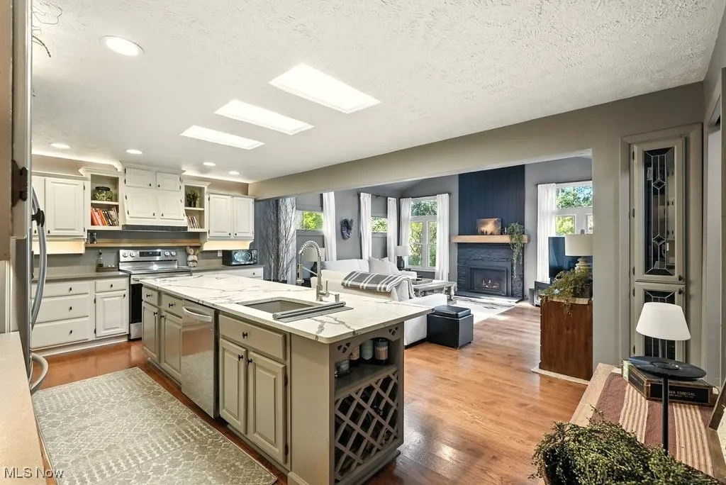Kitchen featuring open shelves, light wood-style floors, stainless steel appliances, a fireplace, and an island with sink