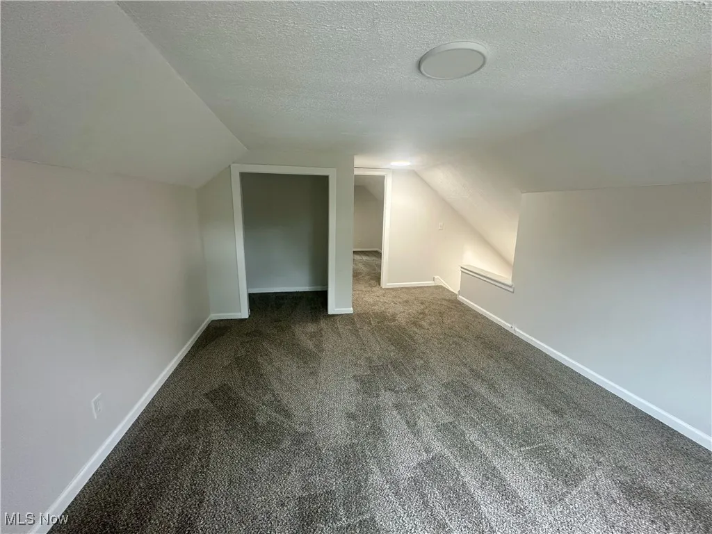 Additional living space featuring a textured ceiling, vaulted ceiling, and dark colored carpet