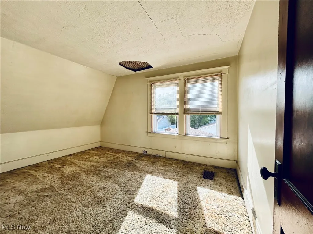 Additional living space featuring a textured ceiling, carpet, and lofted ceiling