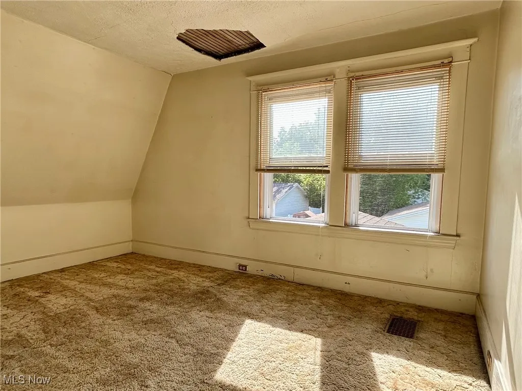 Additional living space with a textured ceiling, carpet, and lofted ceiling