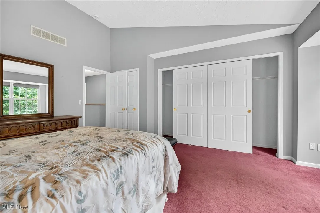 Carpeted bedroom featuring a closet and high vaulted ceiling