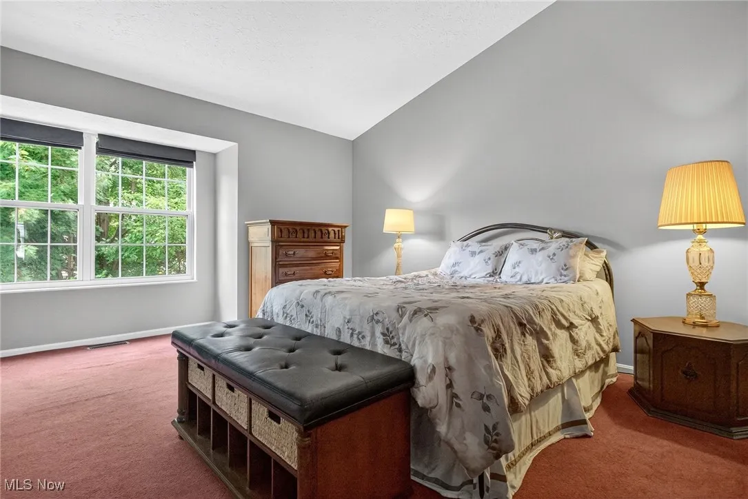 Bedroom with lofted ceiling, carpet flooring, and a textured ceiling
