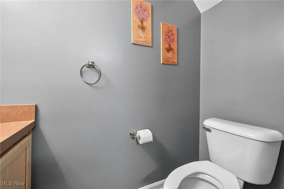 Bathroom featuring vanity and vaulted ceiling