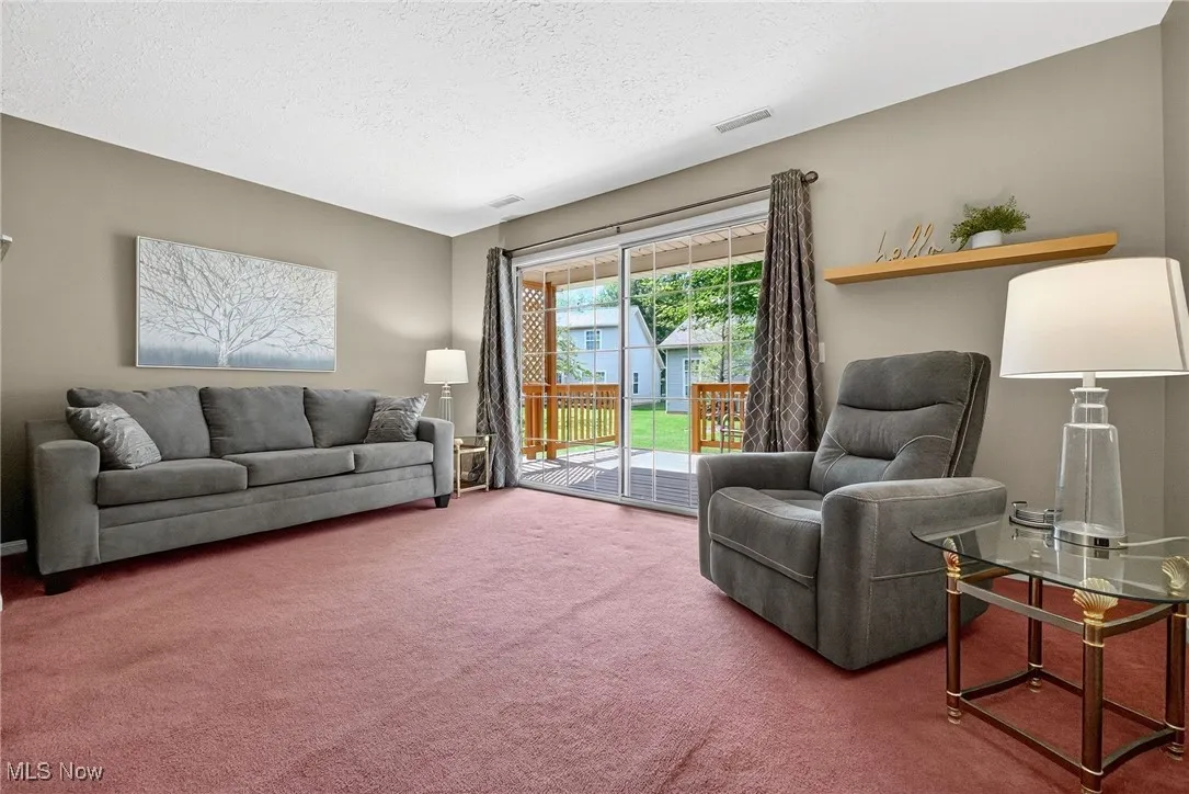 Living area featuring a textured ceiling and carpet floors