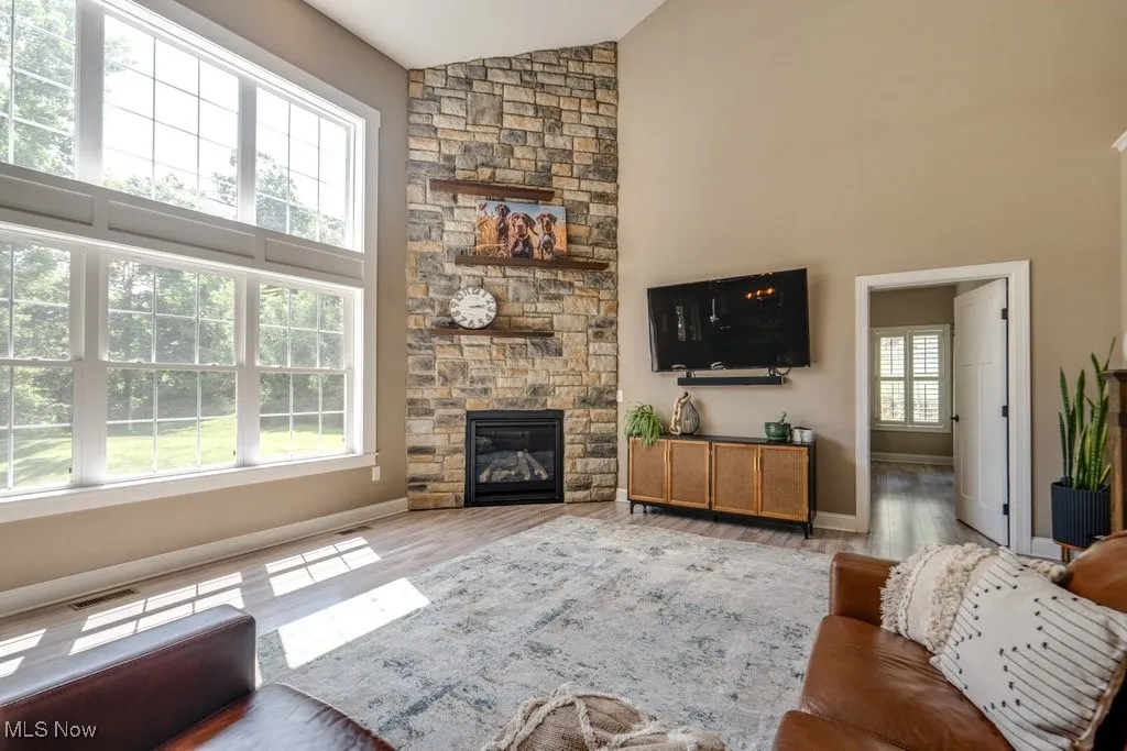 Living room featuring wood finished floors, a fireplace, and high vaulted ceiling