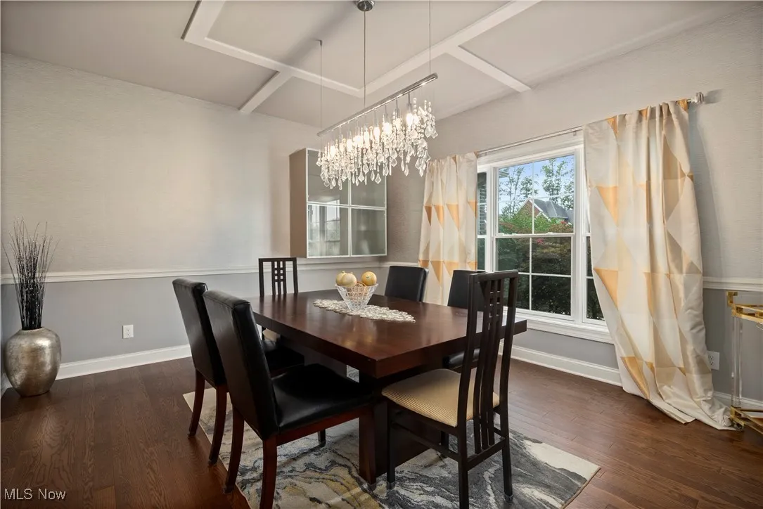 Dining room with dark wood-type flooring, a chandelier, coffered ceiling, and beam ceiling