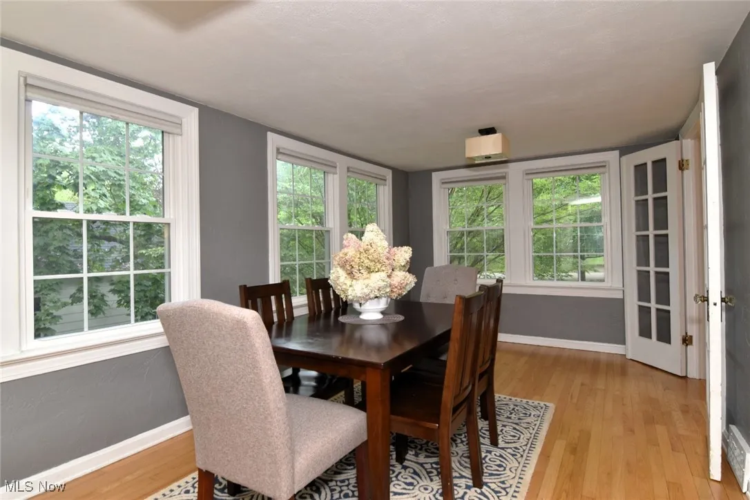 Dining space featuring light wood finished floors and baseboards