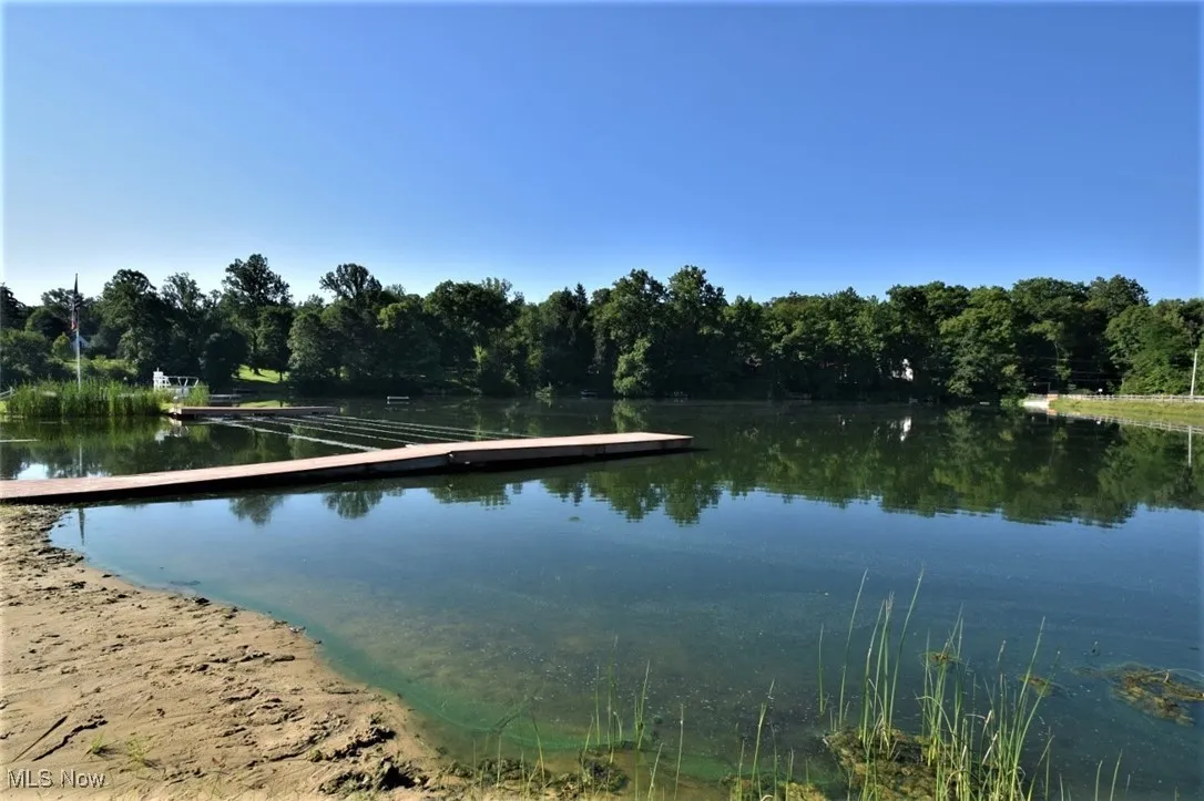 Water view featuring a floating dock and a forest
