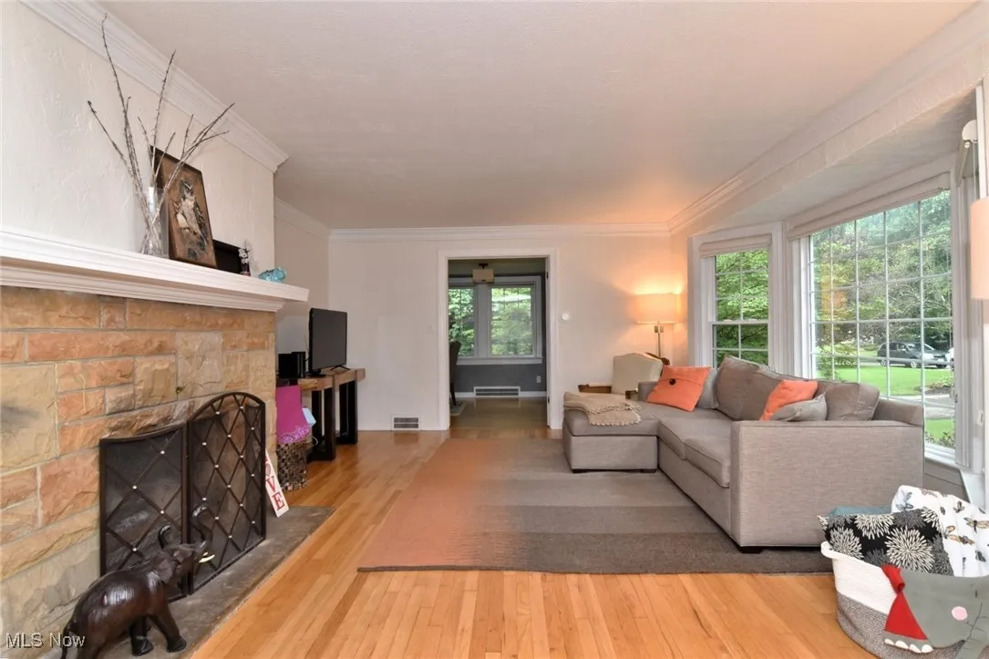 Living room featuring ornamental molding, wood finished floors, and a fireplace