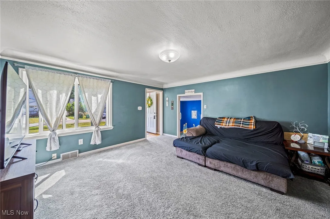 Living area featuring a textured ceiling and carpet flooring