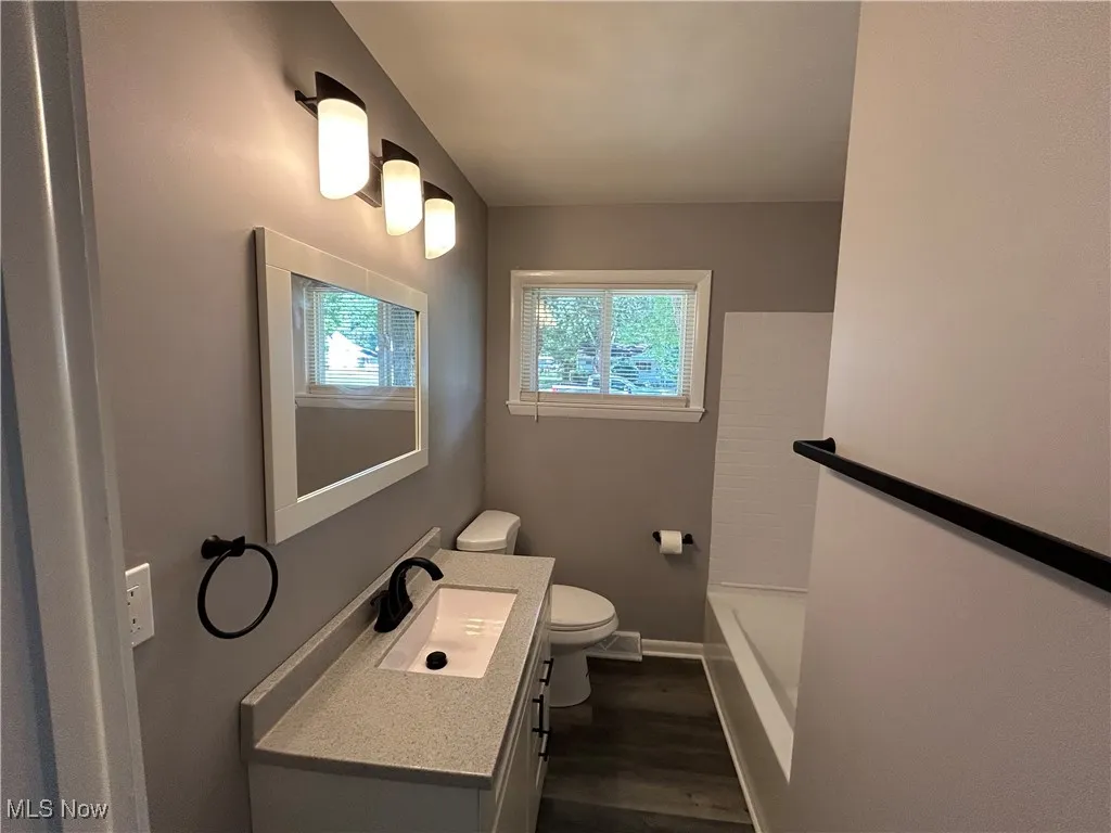 Bathroom with vanity and dark wood-style flooring