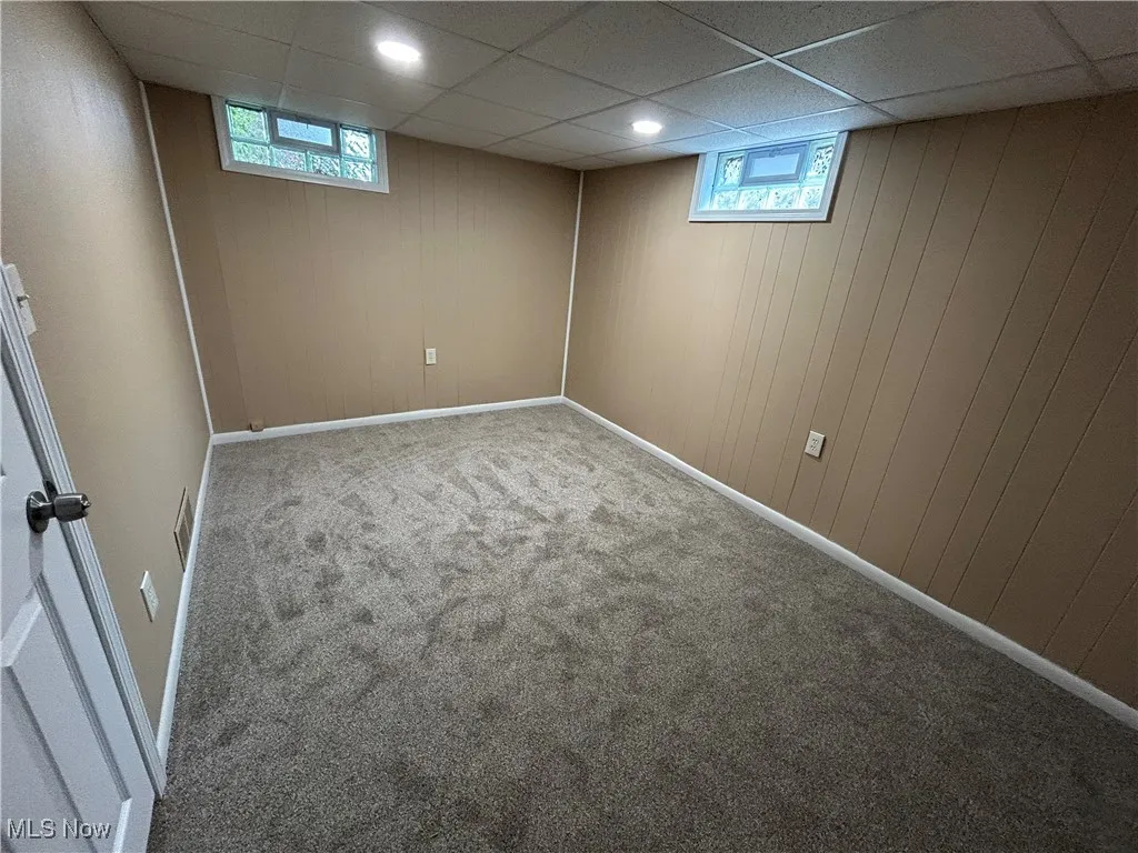 Basement featuring a drop ceiling, wooden walls, and carpet floors