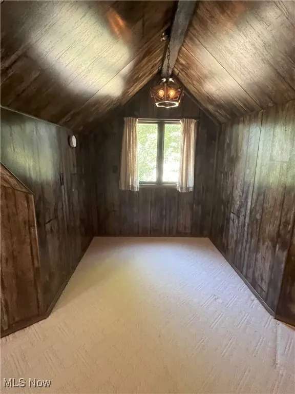 Additional living space with wooden walls, carpet flooring, and vaulted ceiling