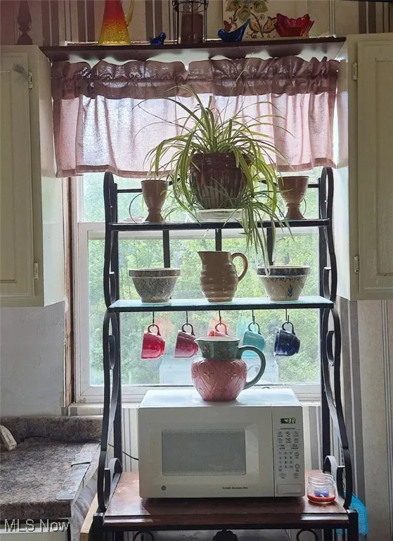 Kitchen view of white microwave