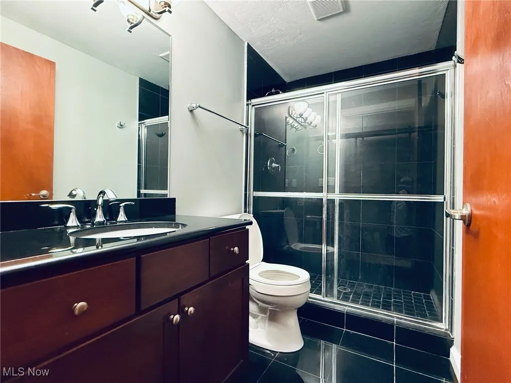 Full bathroom featuring dark tile patterned flooring, vanity, and a shower stall