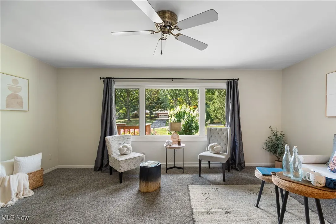 Living area with carpet flooring and a ceiling fan