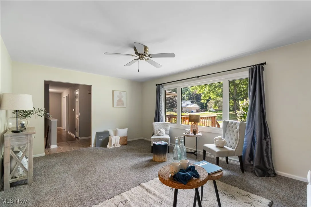 Sitting room featuring carpet flooring and a ceiling fan