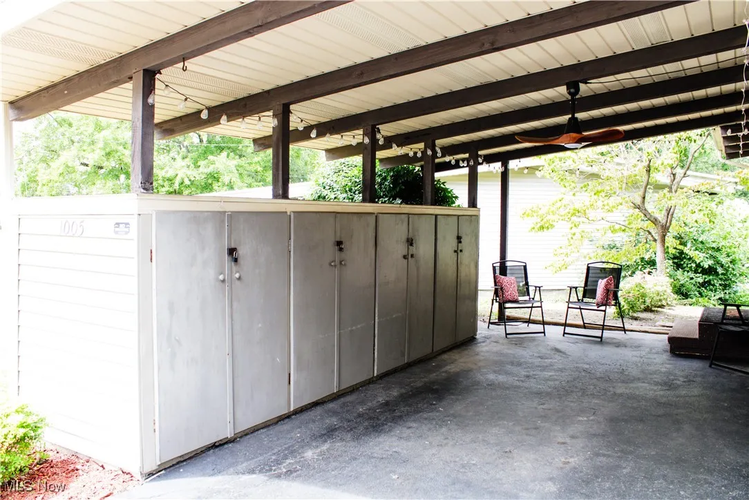 View of patio and outdoor storage