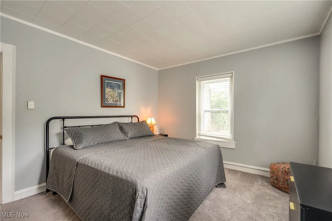 Bedroom featuring carpet floors and crown molding
