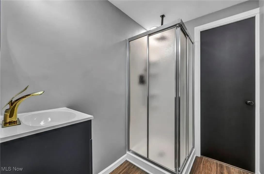 Bathroom with a shower stall, vanity, and dark wood finished floors