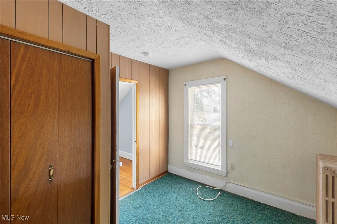 Bonus room with a textured ceiling, carpet floors, radiator, and vaulted ceiling