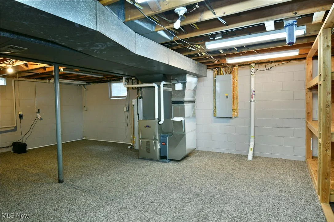 Basement featuring heating unit, electric panel, water heater, and carpet
