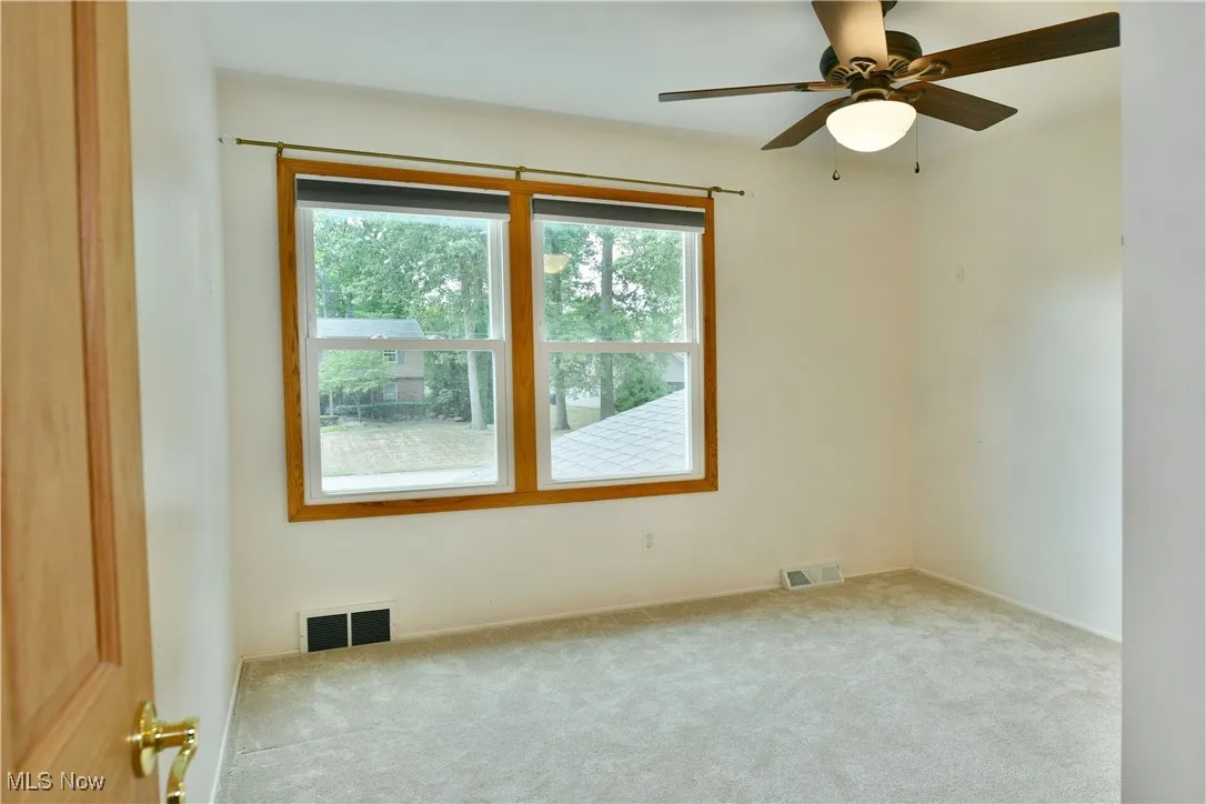 Unfurnished room with carpet flooring and a ceiling fan