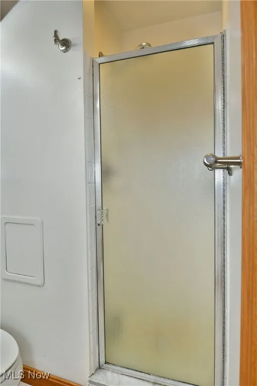 Bathroom featuring a shower stall and toilet