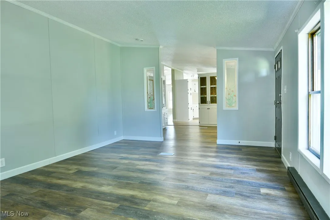 Unfurnished room with baseboard heating, crown molding, a textured ceiling, dark wood-type flooring, and plenty of natural light