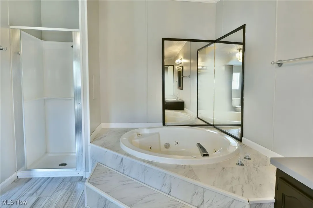 Full bathroom with vanity, a shower stall, and a tub with jets
