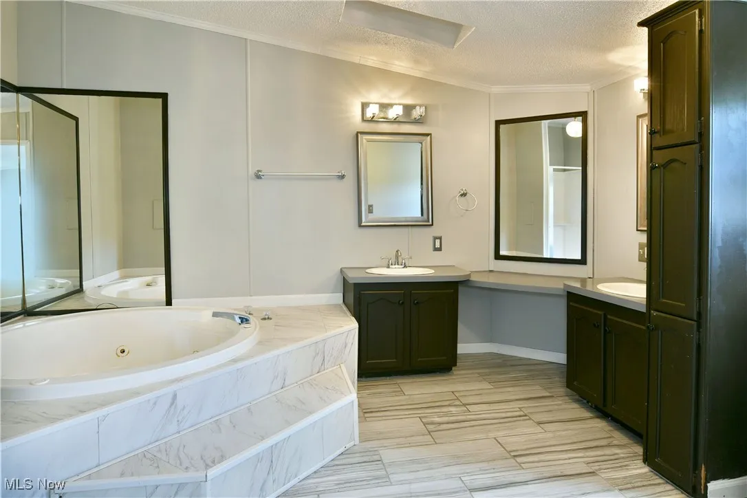 Bathroom featuring a textured ceiling, ornamental molding, two vanities, and a tub with jets