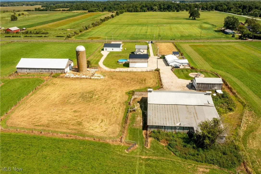 Aerial view of sparsely populated area with extensive farmland