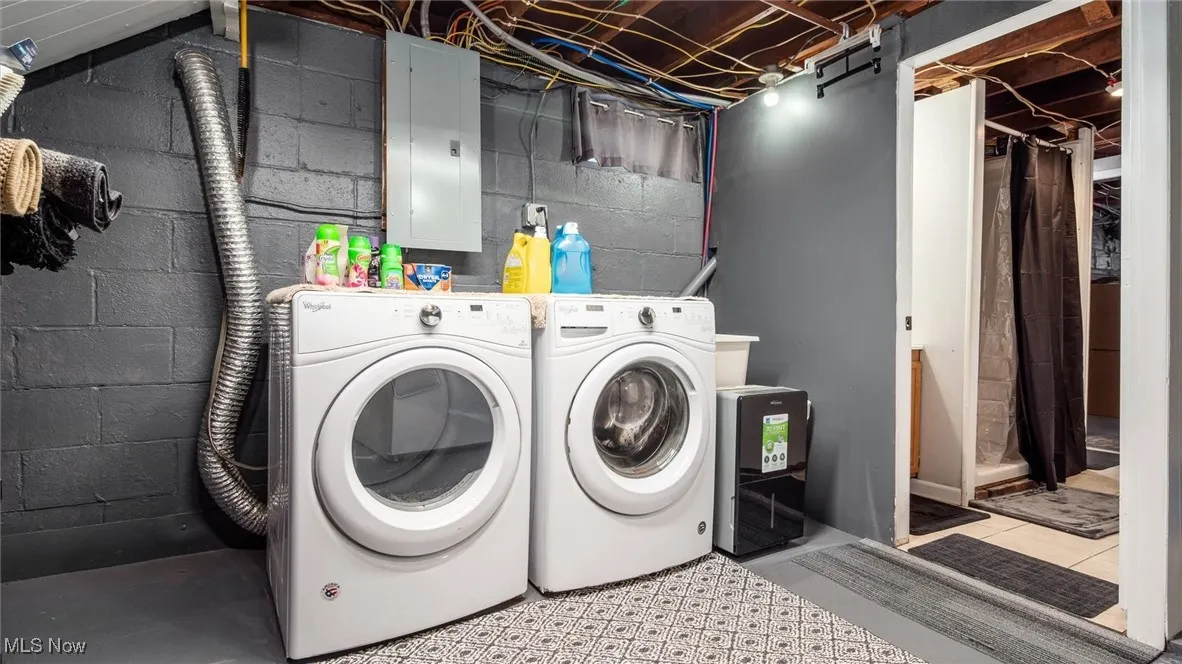 Laundry room with electric panel and independent washer and dryer