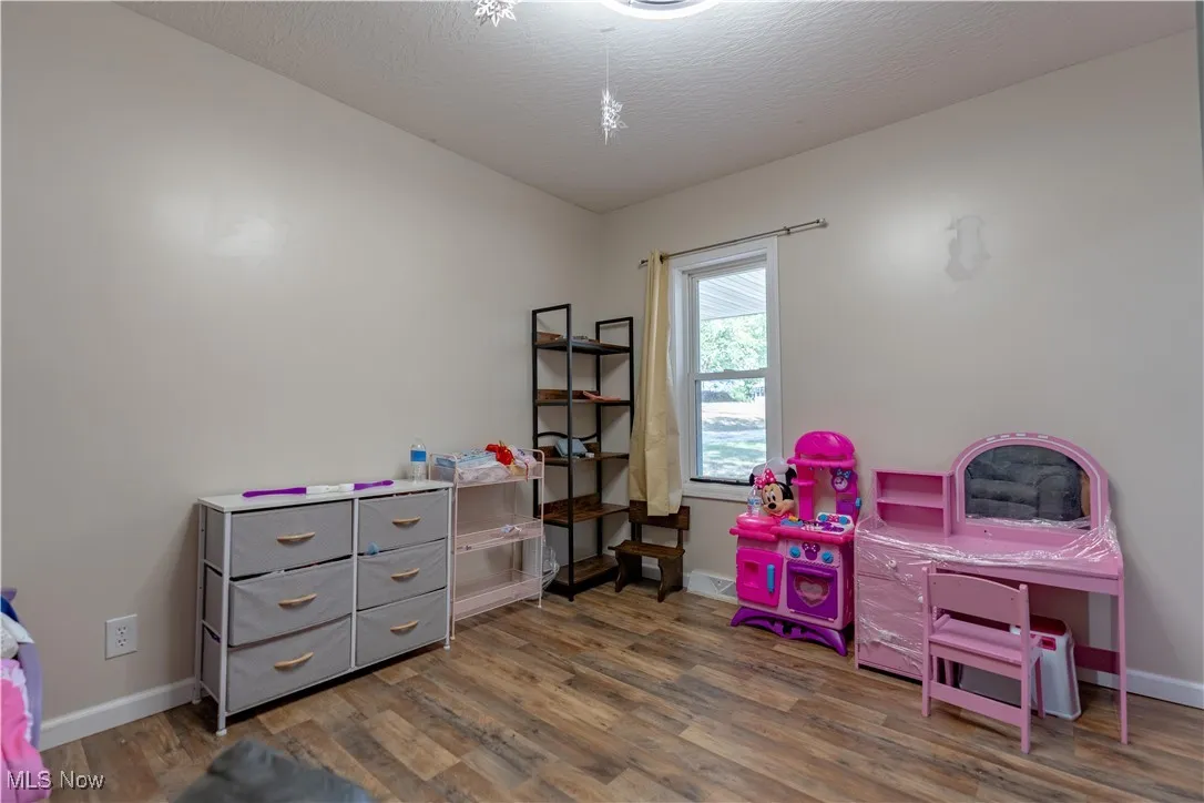 Recreation room with dark wood-style floors and a textured ceiling