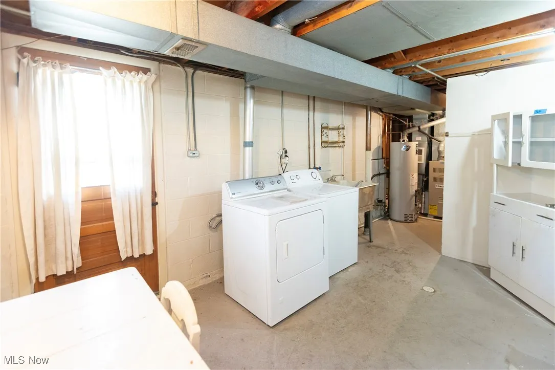 Laundry area with separate washer and dryer and water heater