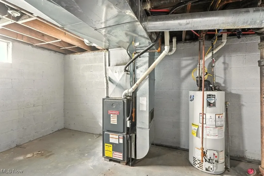 Utility room featuring gas water heater and heating unit