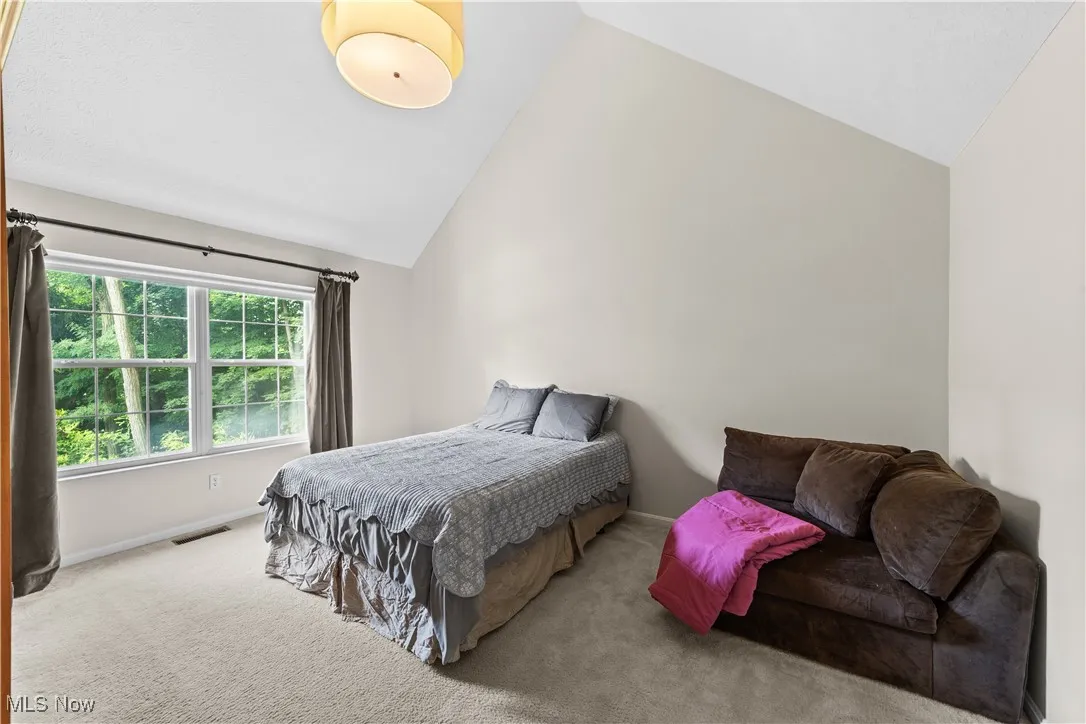 Carpeted bedroom featuring high vaulted ceiling and baseboards