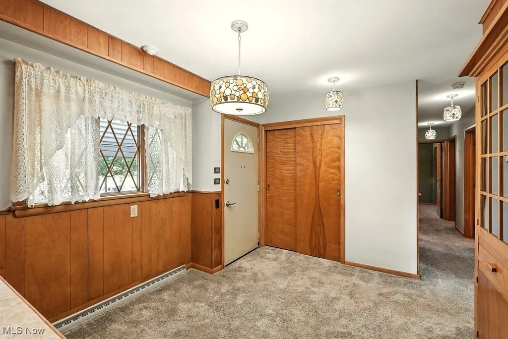 Entryway with wood walls, carpet, baseboard heating, and a wainscoted wall