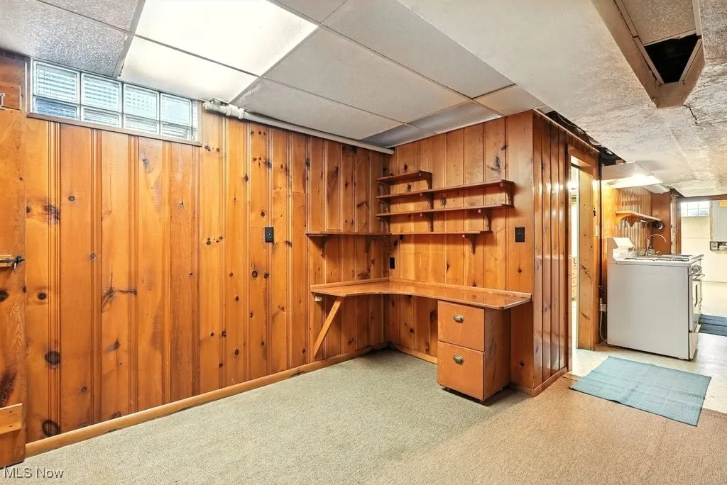 Basement with wooden walls, a drop ceiling, and light carpet
