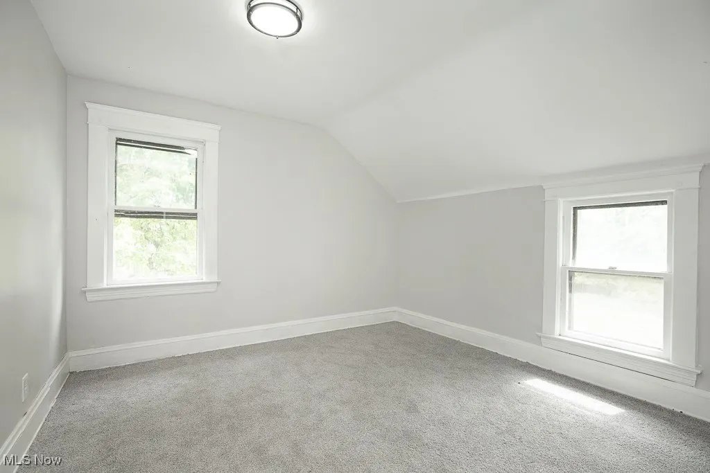 Additional living space featuring light colored carpet and lofted ceiling