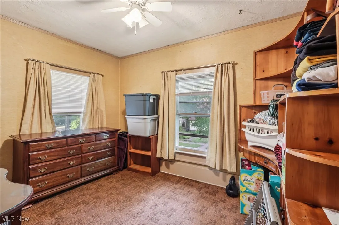 Bedroom with dark colored carpet, ornamental molding, multiple windows, ceiling fan, and a textured ceiling