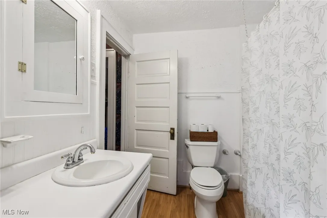 Bathroom featuring a textured ceiling, light wood-style floors, vanity, and curtained shower